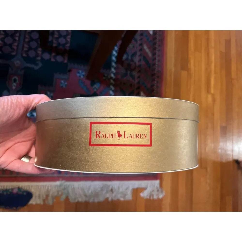 Vintage Ralph Lauren Polo Gold Gift Box Hat Box with Red Lettering Oval Empty